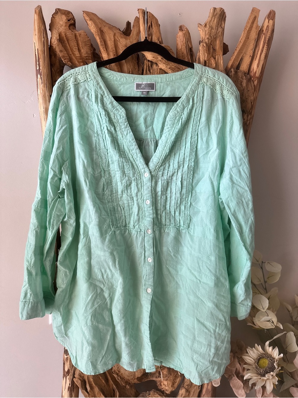 JM Collection Mint Green Pintuck Button-Front Tunic